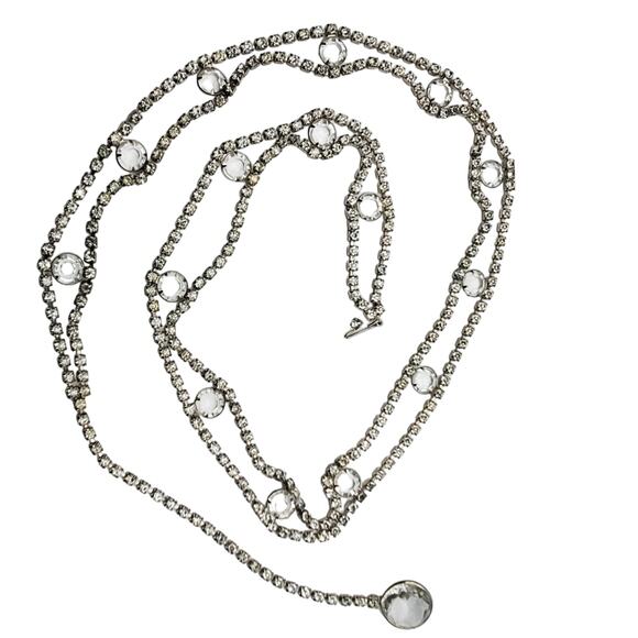 Crystal Rhinestone Belt Silver Tone Prong D&E 38" Skinny Bling Adjustable 1960s - Picture 4 of 12